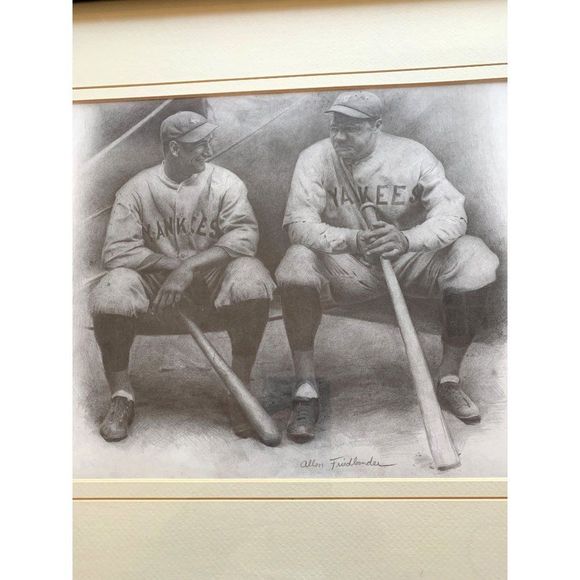 VTG Baseball Print Framed Matted Babe Ruth Lou Gehrig Friedlander Home Decor - Picture 3 of 9